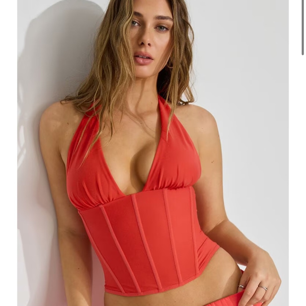 NWT Garage Plunge Halter Mesh Corset Top Coral Lingerie